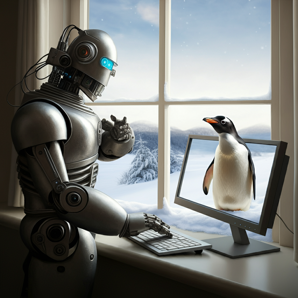 Robot looking at a monitor by a window, and a penguin comes out of the monitor.